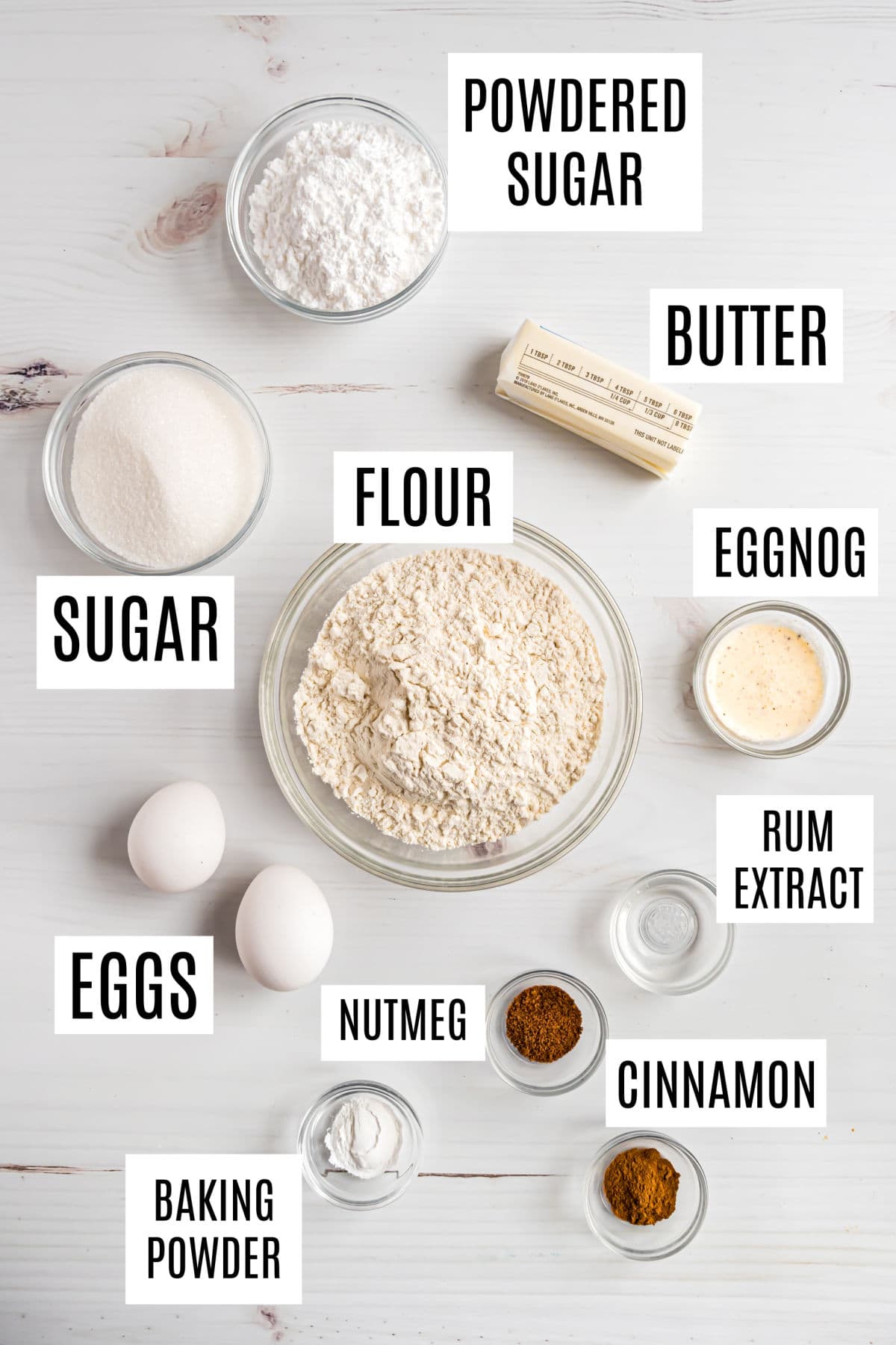 Ingredients needed to make eggnog biscotti.