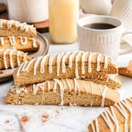 Biscotti with all the flavors you love in a glass of eggnog--just in time for the holidays! Come Christmas morning, you'll be glad you have Eggnog Biscotti on hand to pair with your coffee while you gather around the tree.
