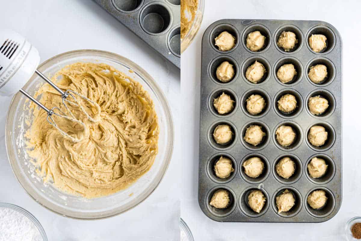 A bowl of cookie dough with a mixer and a muffin tin filled with scoops of eggnog muffins dough, ready to bake.