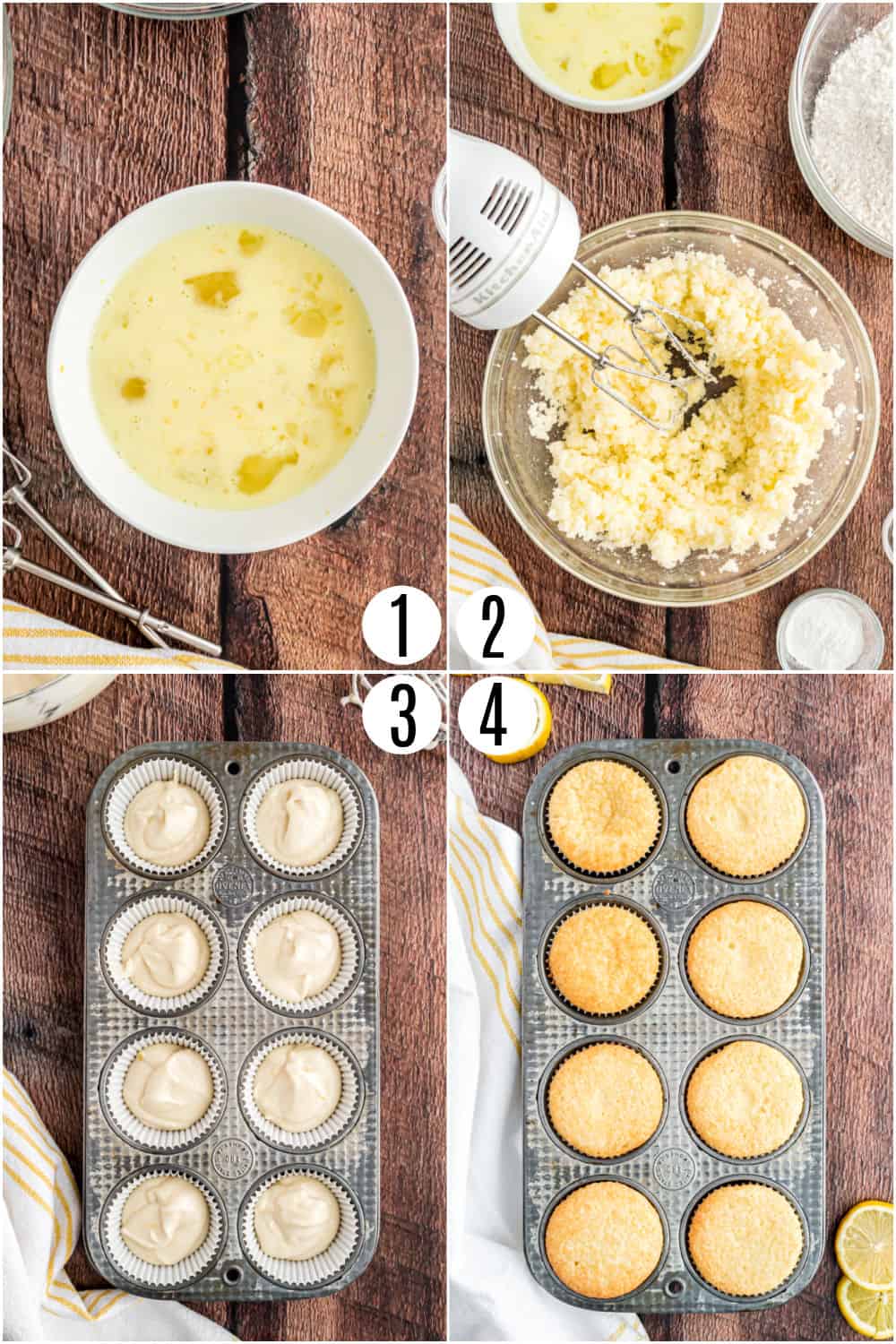 Step by step photos showing how to make lemon cupcakes.