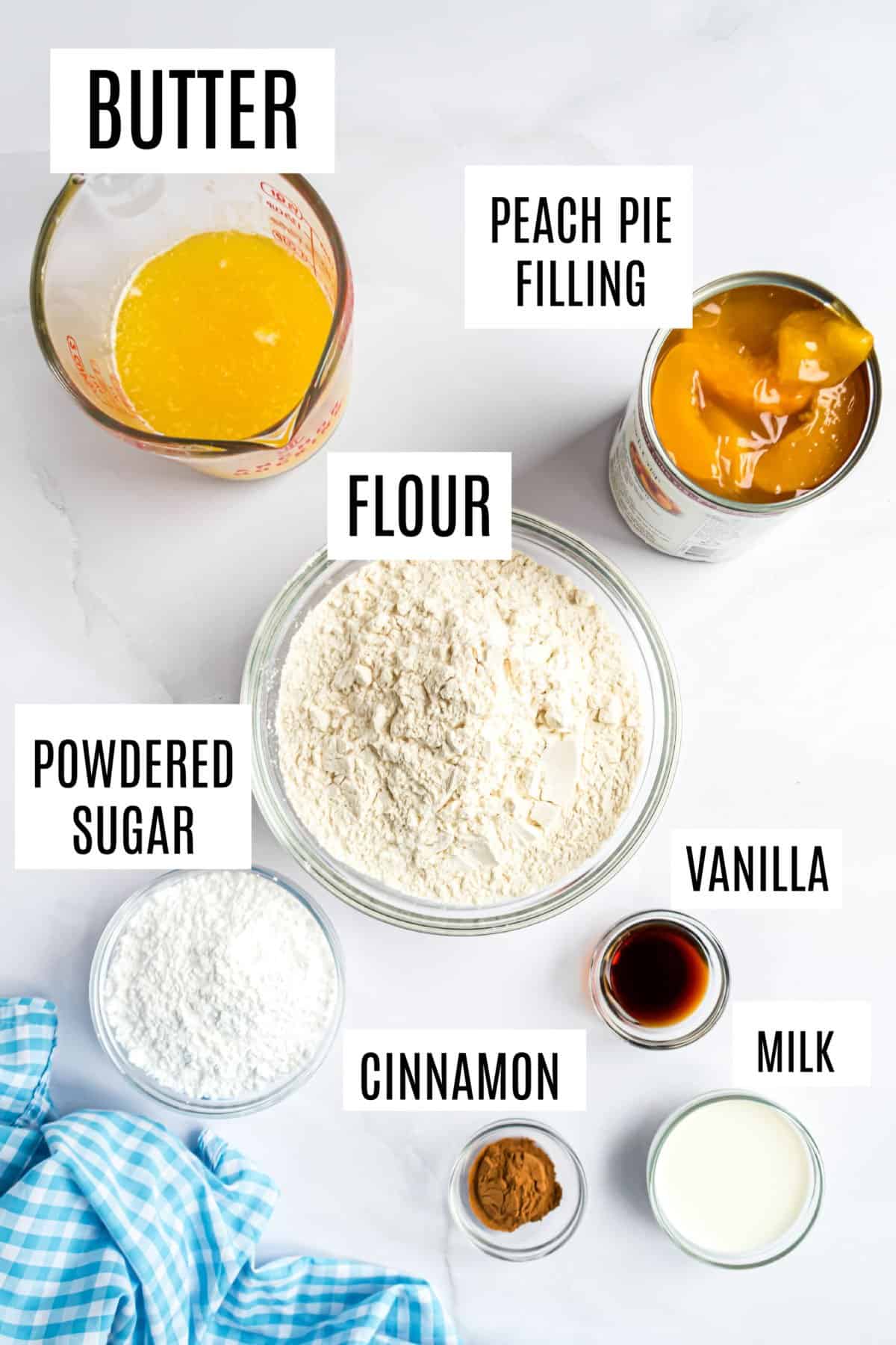 Ingredients needed to make peach pie bars.