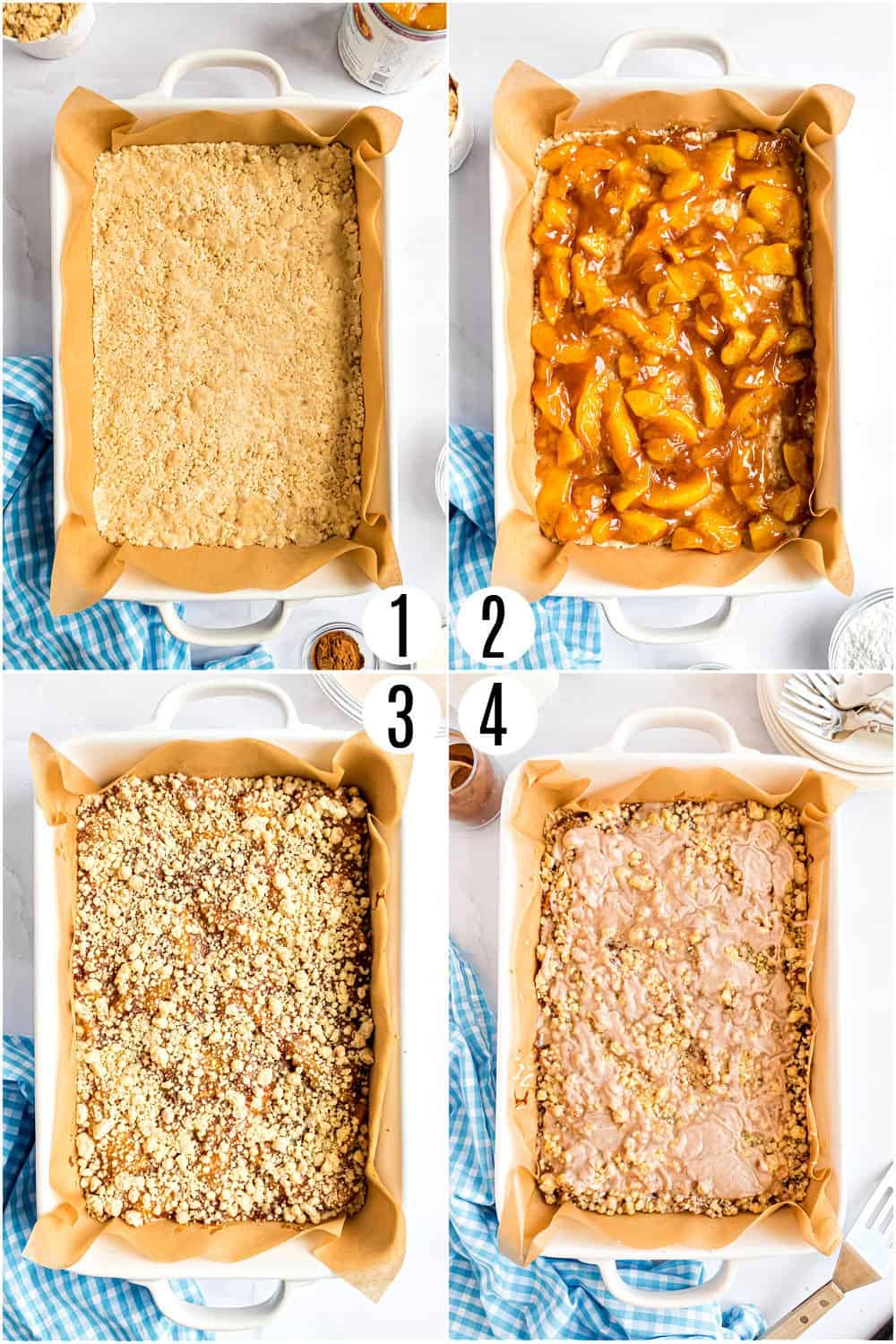 Step by step photos showing how to make peach bars.