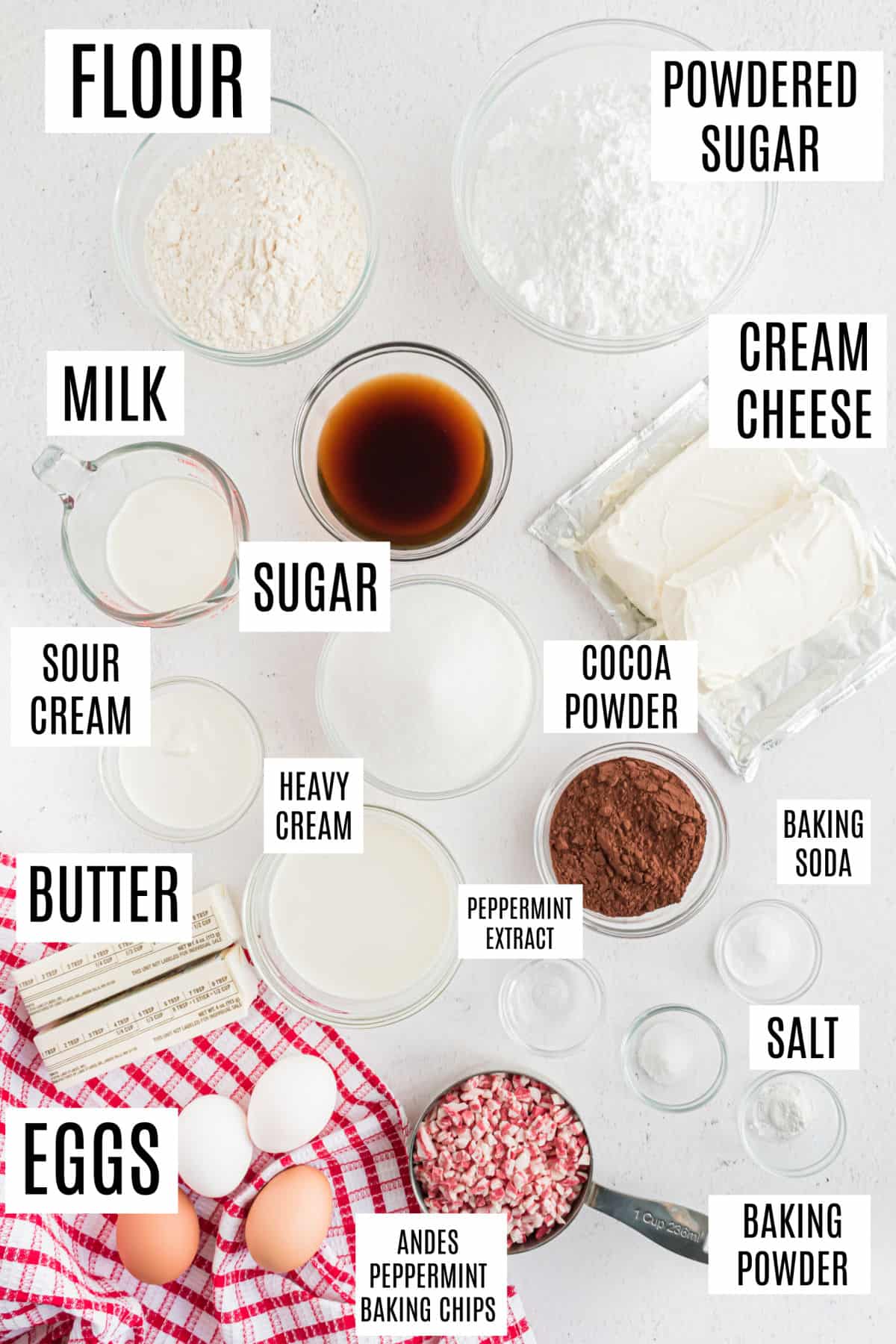 Ingredients needed to make chocolate peppermint cheesecake cake.