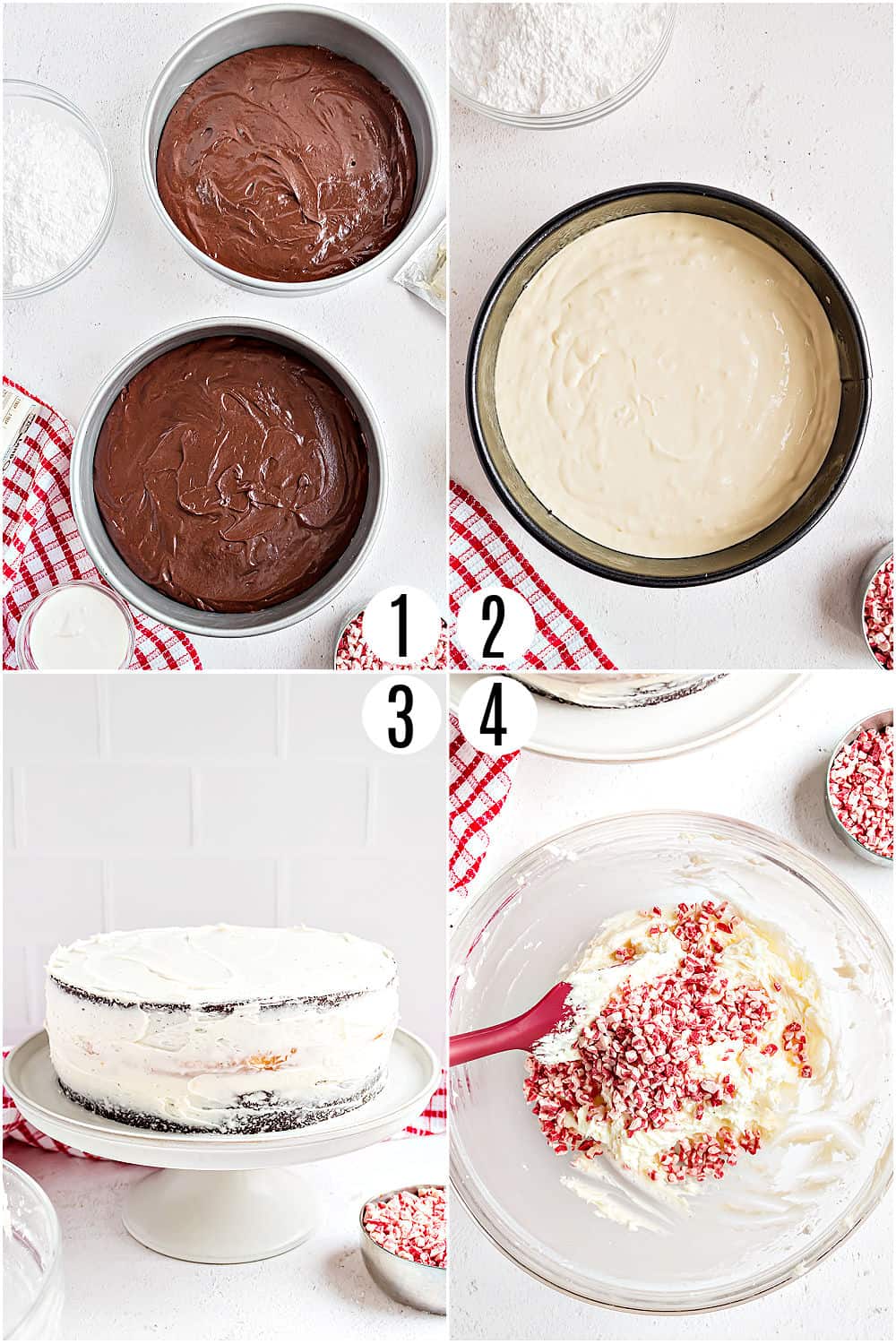 Step by step photos showing how to make chocolate cheesecake cake.