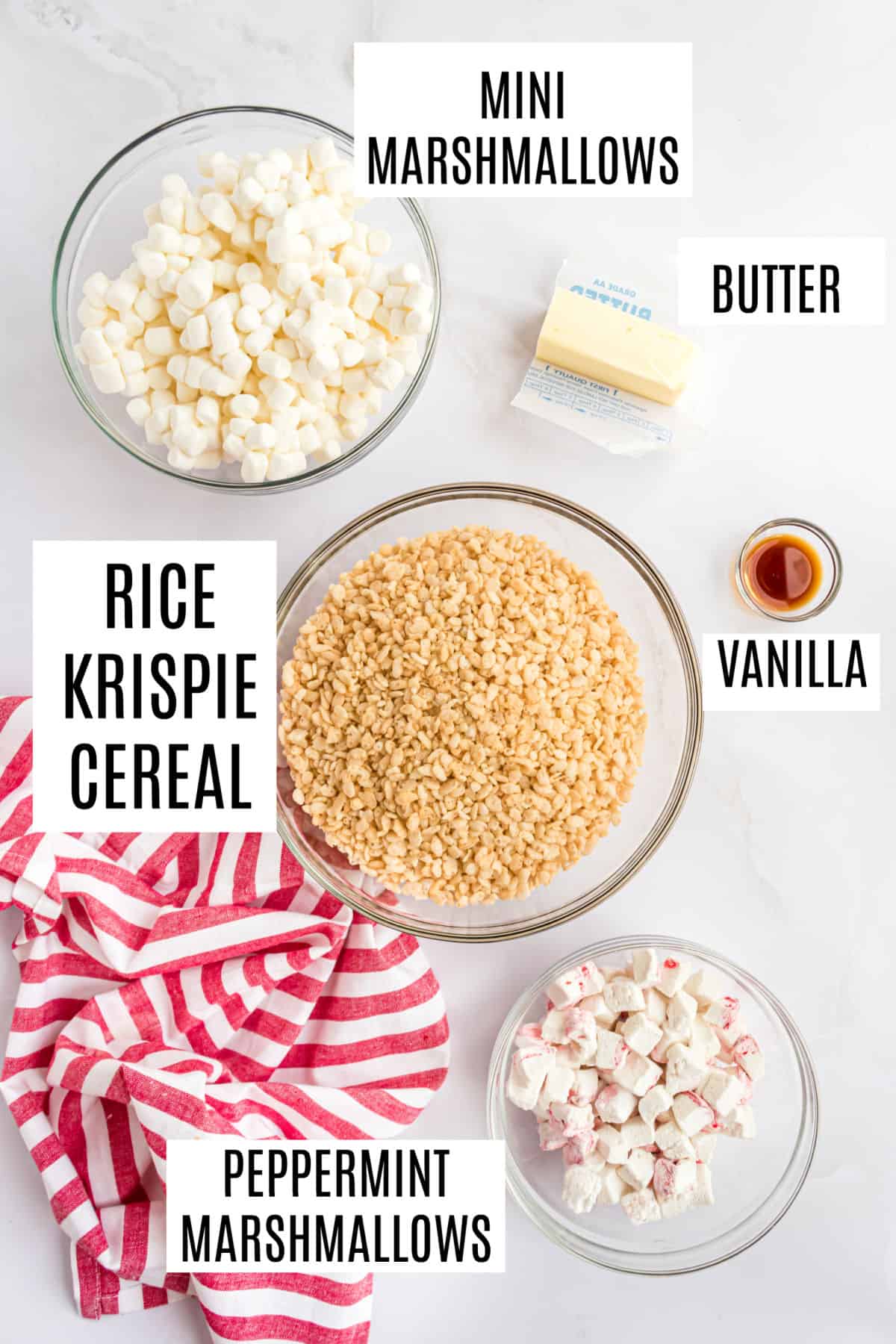 Ingredients needed to make peppermint rice krispie treats.