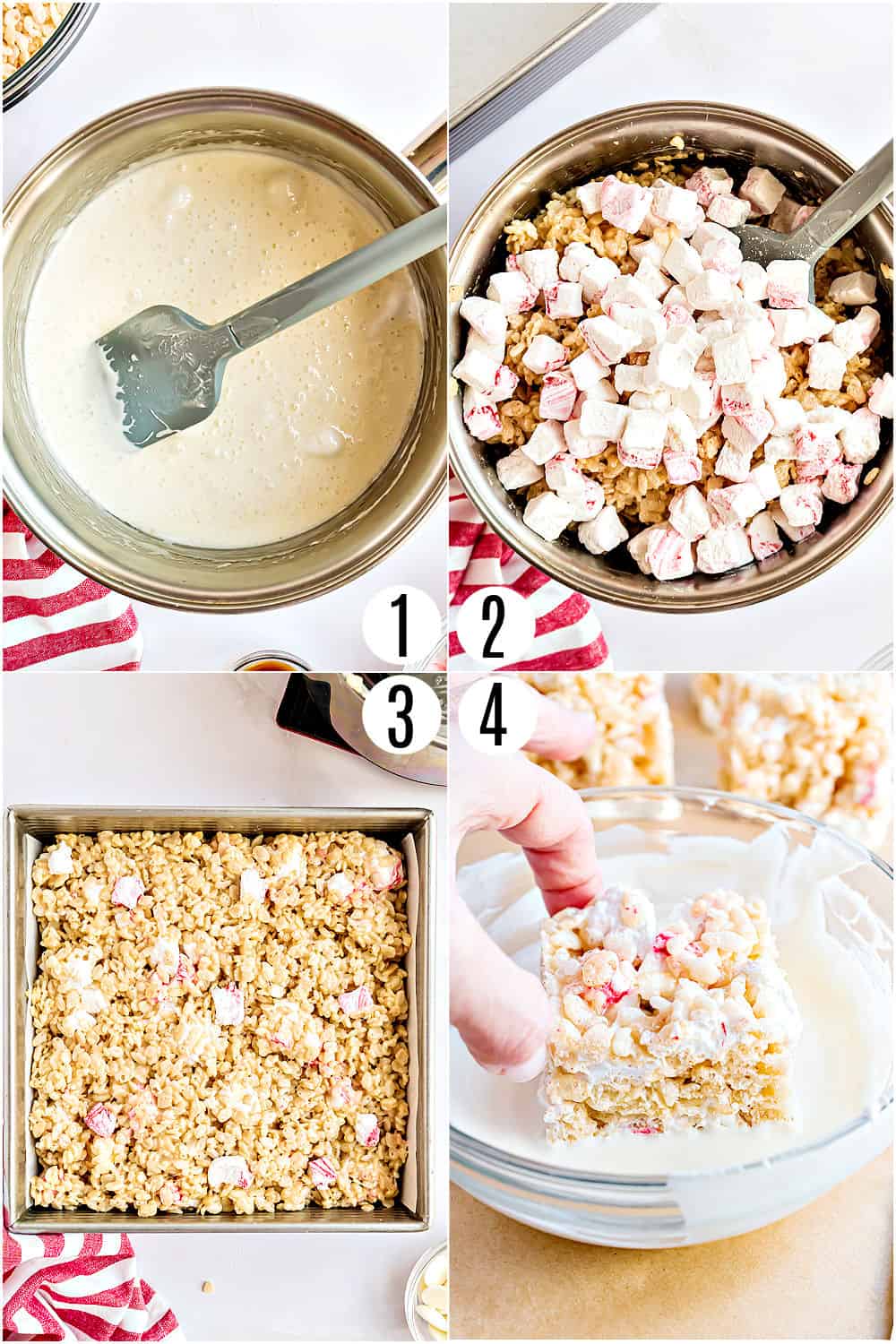 Step by step photos showing how to make peppermint rice krispie treats.