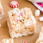 Classic Rice Krispie Treats get a candy cane twist! Sticky and sweet with a cool minty kick, Peppermint Rice Krispie Treats taste even better when they're dipped in white chocolate.