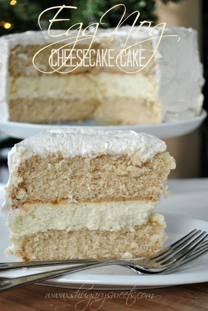 Eggnog Cheesecake Cake- two layers of spice cake (from scratch!) with a creamy layer of cheesecake topped with eggnog frosting! #cheesecake #eggnog #christmas Eggnog Cheesecake Cake- two layers of spice cake (from scratch!) with a creamy layer of cheesecake topped with eggnog frosting! #cheesecake #eggnog #christmas