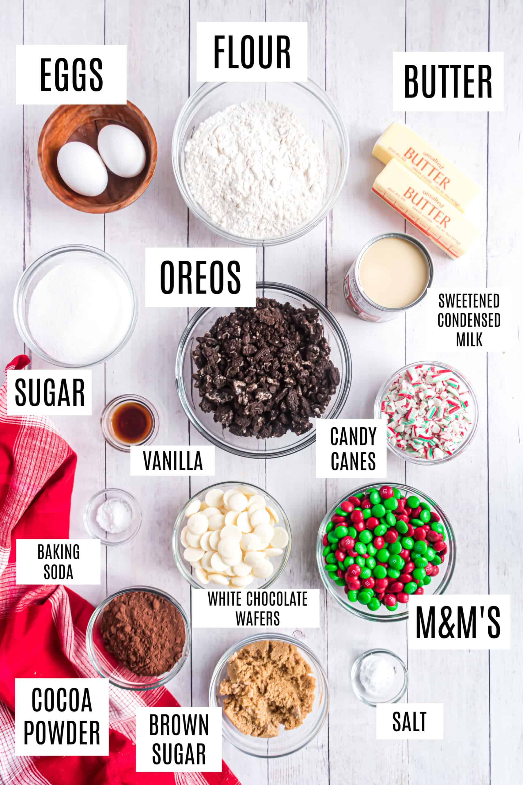 Ingredients needed for candy cane oreo cookie bars.