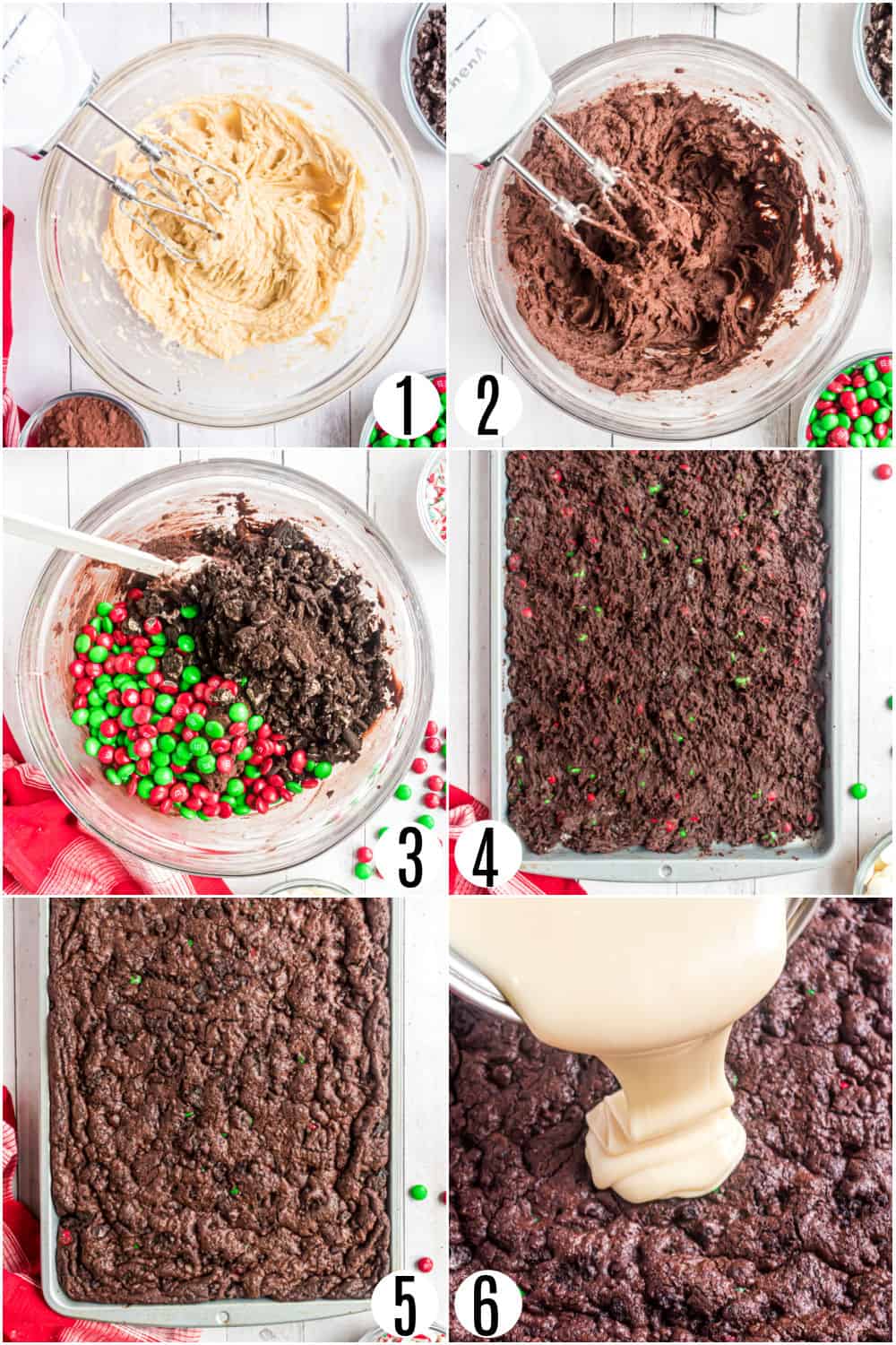 Step by step photos showing how to make candy cane cookie bars.