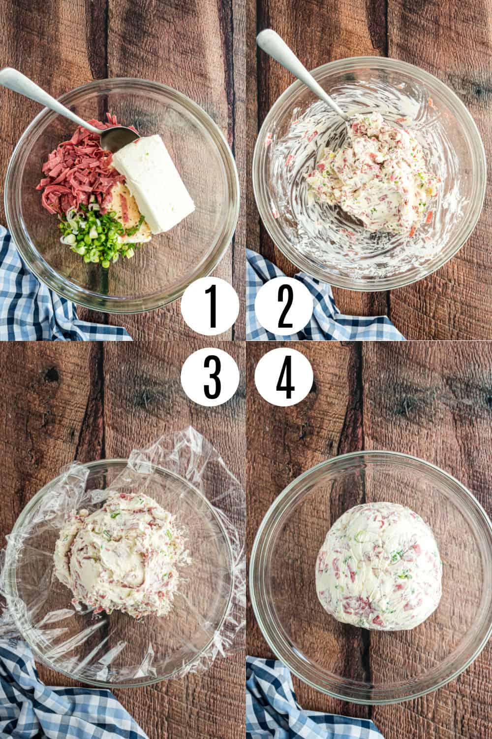 Step by step photos showing how to make a cheese ball.