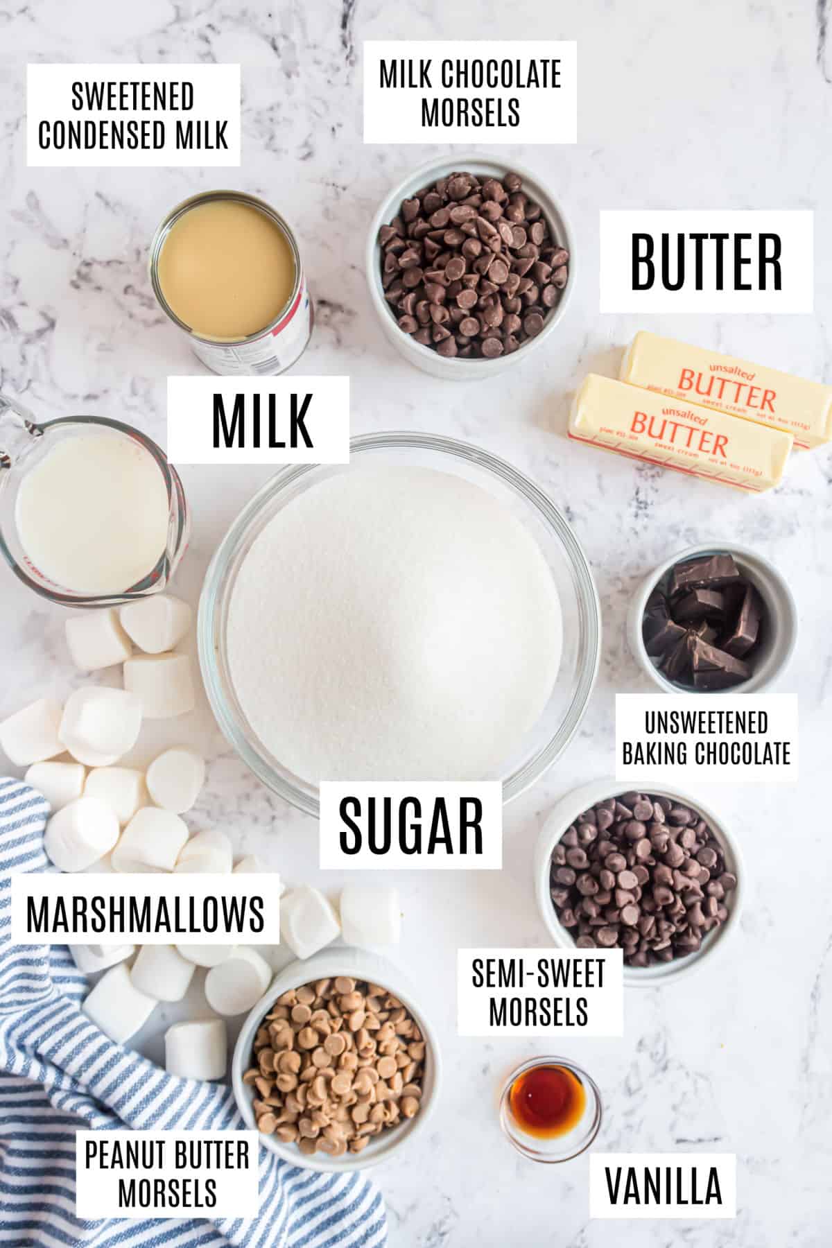 Ingredients needed to make chocolate peanut butter fudge.