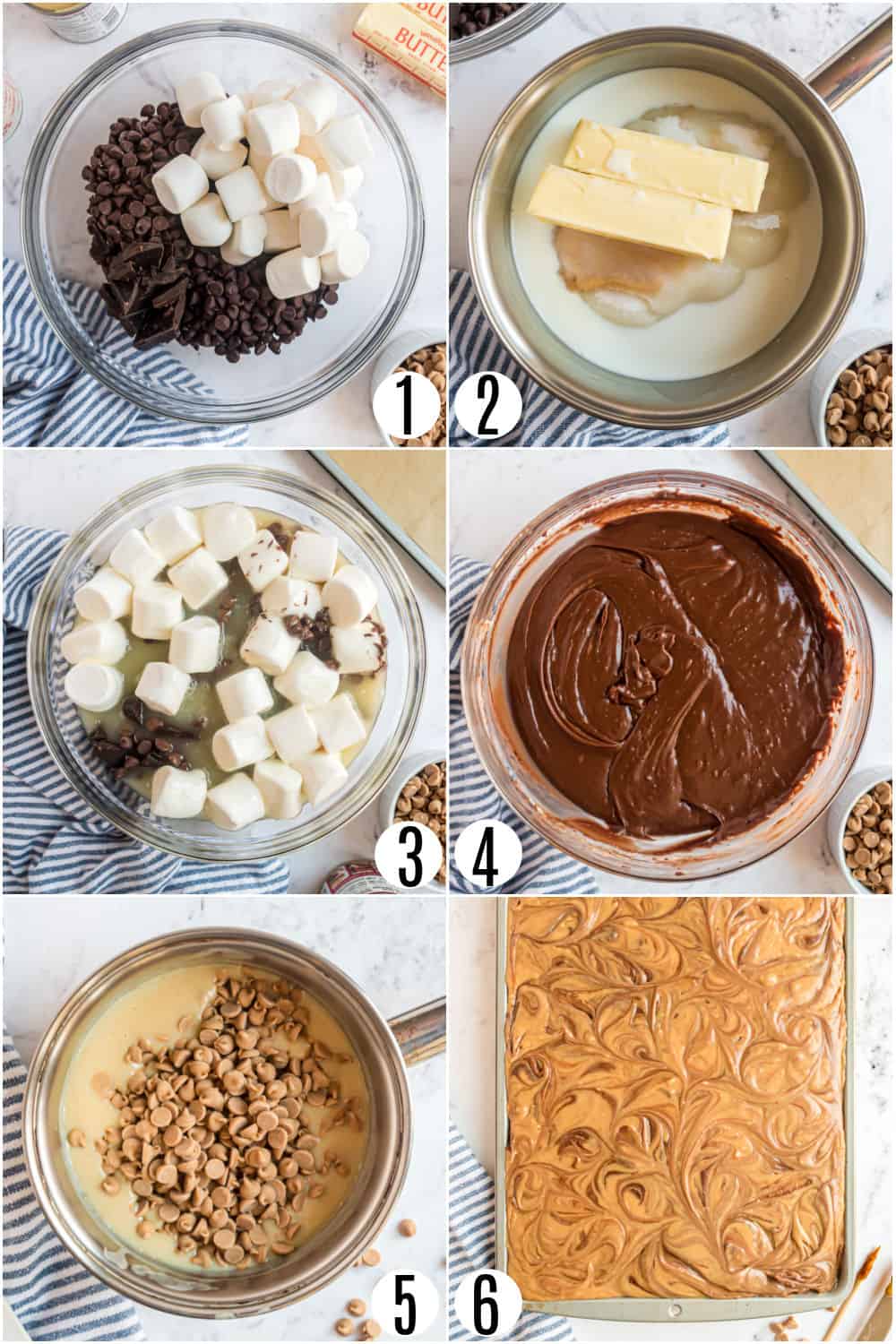 Step by step photos showing how to make chocolate peanut butter fudge.