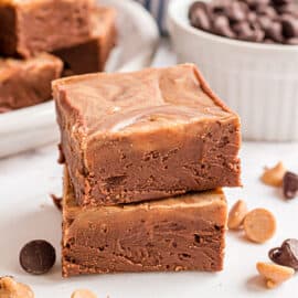 Chocolate peanut butter fudge stacked.