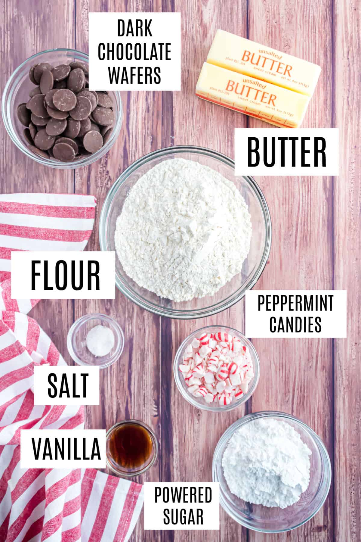 Ingredients needed to make chocolate peppermint shortbread cookies.