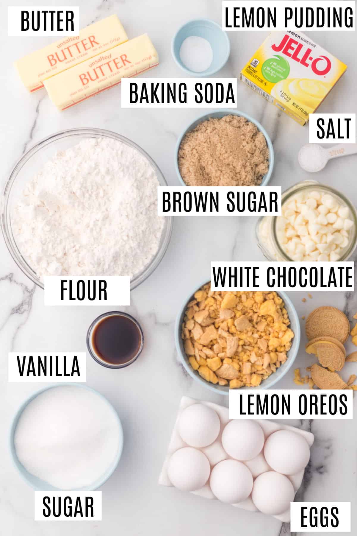 Ingredients needed for lemon oreo cookies.