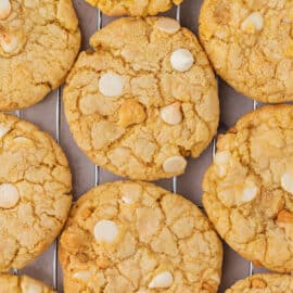 Lemon cookies with pieces of lemon oreos and white chocolate chips.