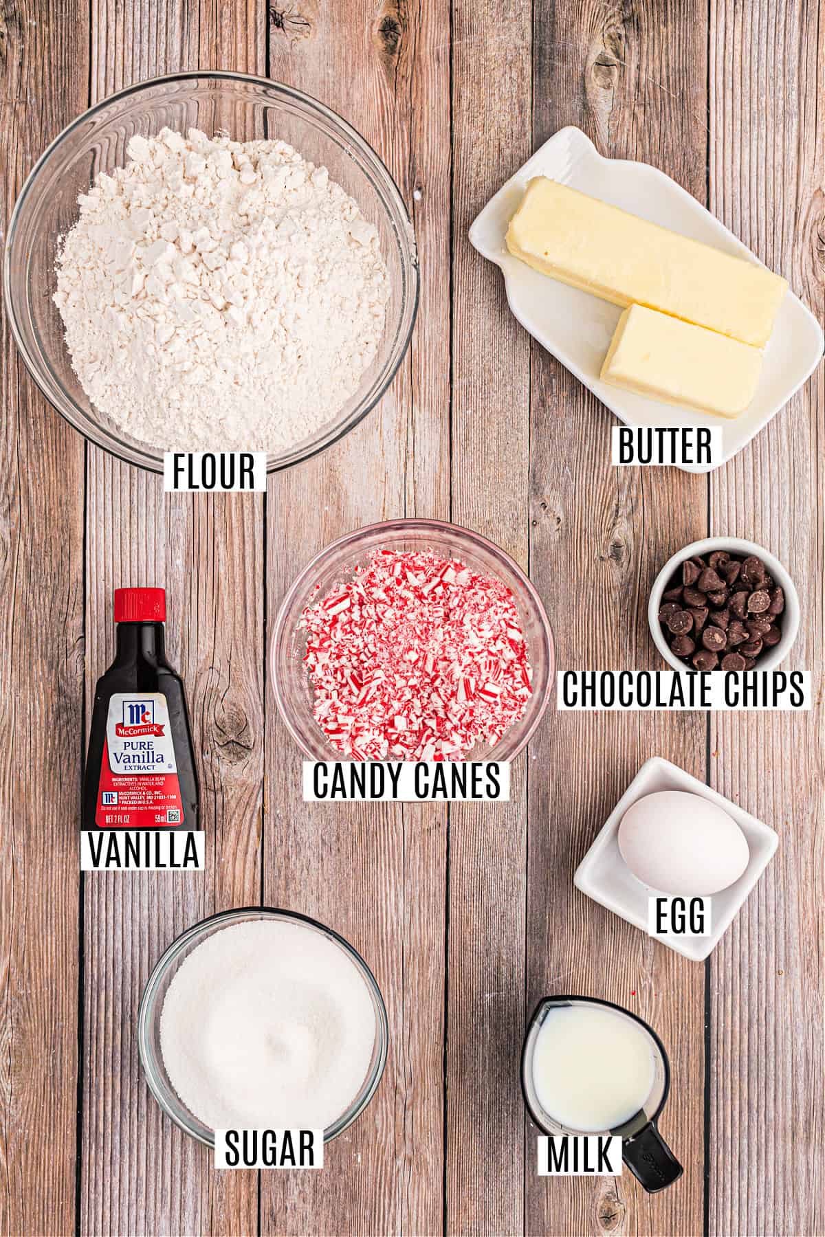 Ingredients needed to make peppermint cookies.