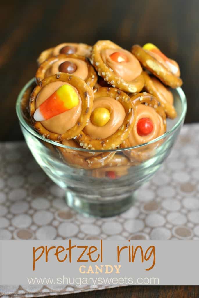 Pretzel Candy with Pumpkin flavored Hershey Kisses and either candy corn or sixlets. YUM