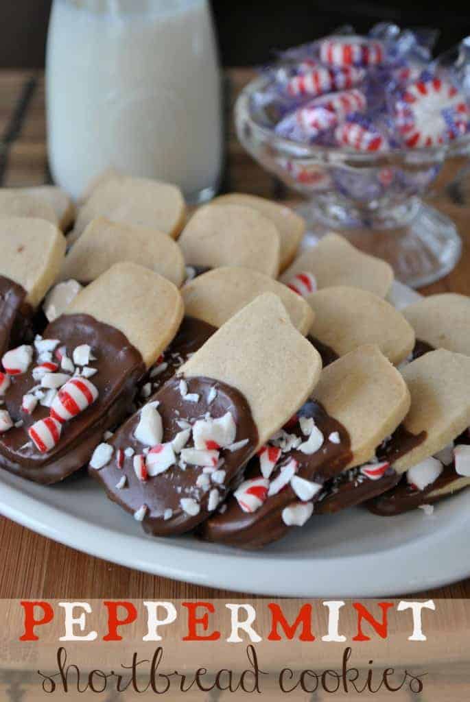 shortbread cookies dipped in chocolate and crushed peppermints