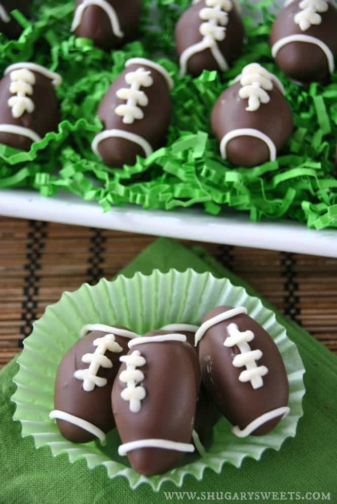 Homemade Peppermint Patties shaped like footballs.