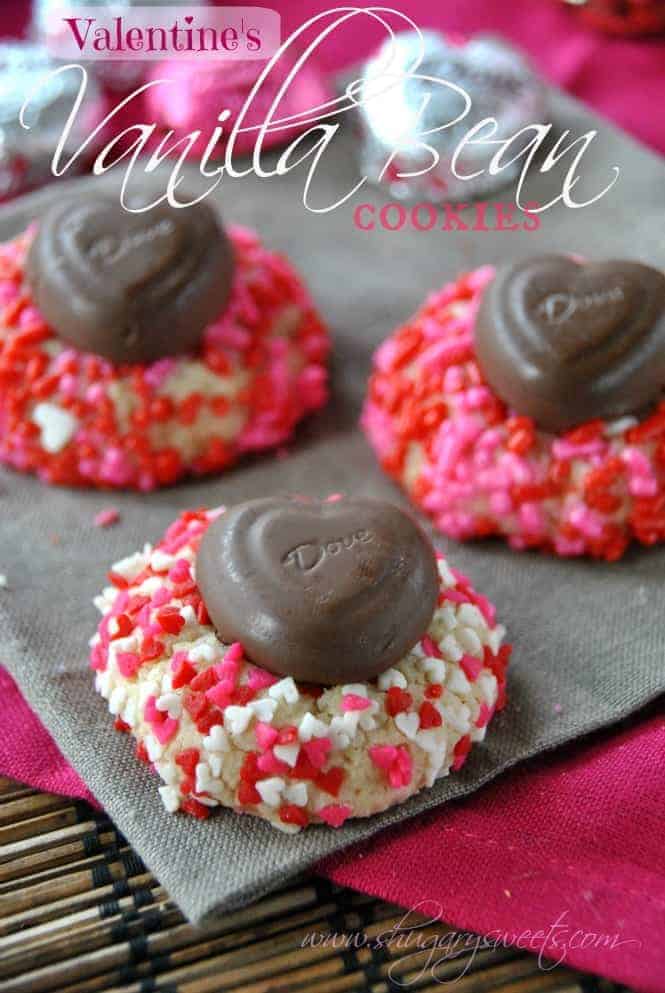Vanilla Bean Valentine's Day Cookies with #Dove chocolate hearts: delicious gems of a cookie covered in sprinkles #valentinesday @shugarysweets