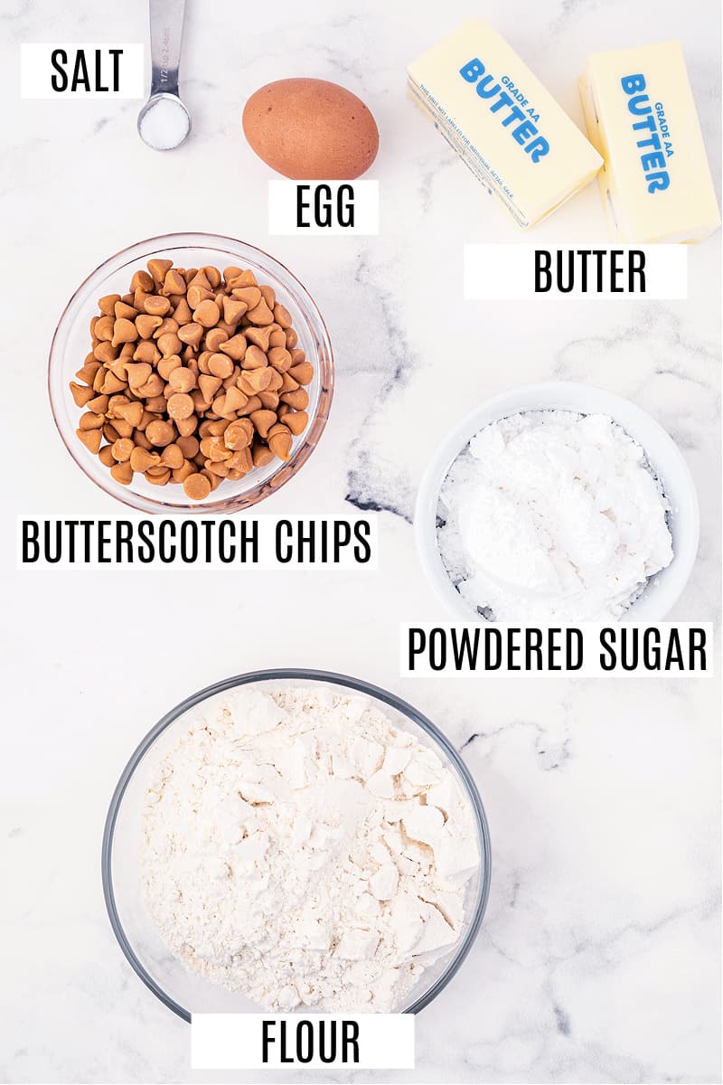 Ingredients needed for butterscotch shortbread cookies.