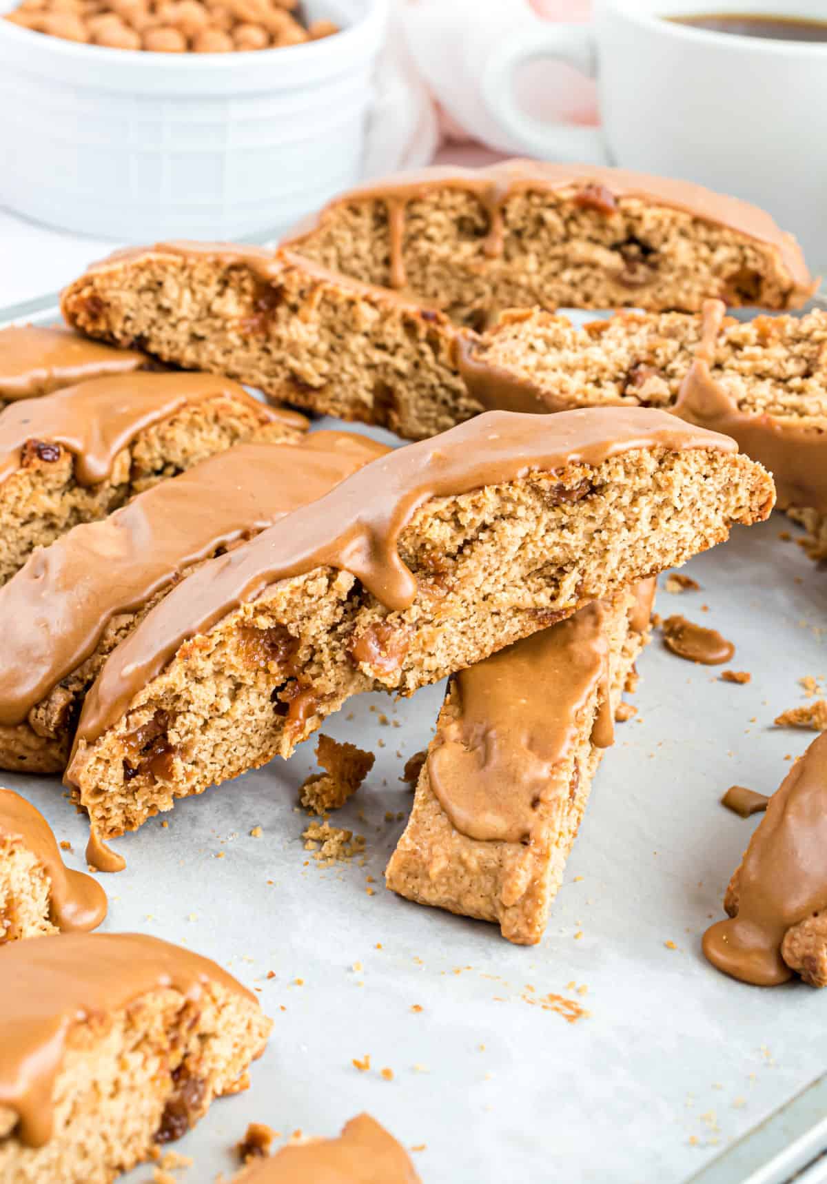 Stack of biscotti with caramel glaze.