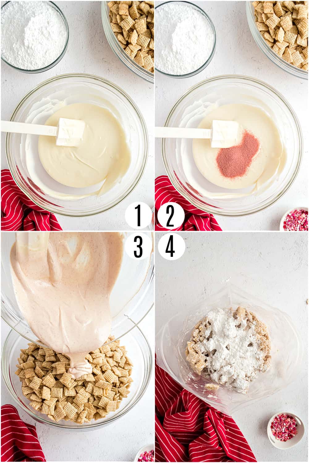 Step by step photos showing how to make cherry puppy chow.