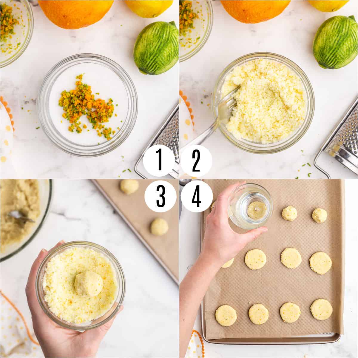 Step by step photos showing how to roll citrus cookies in sugar and zest before baking.