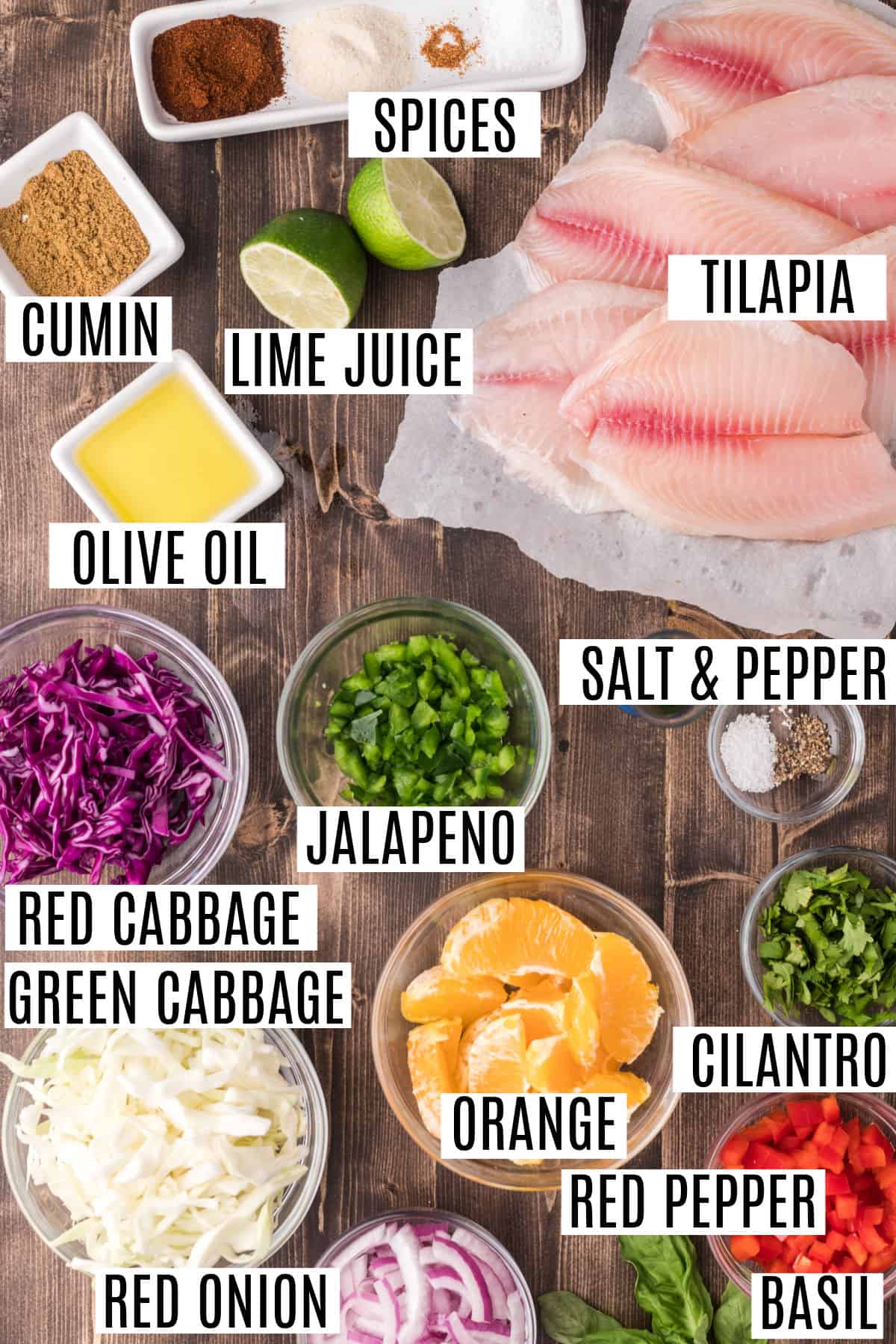 Ingredients needed for grilled tilapia and citrus slaw.