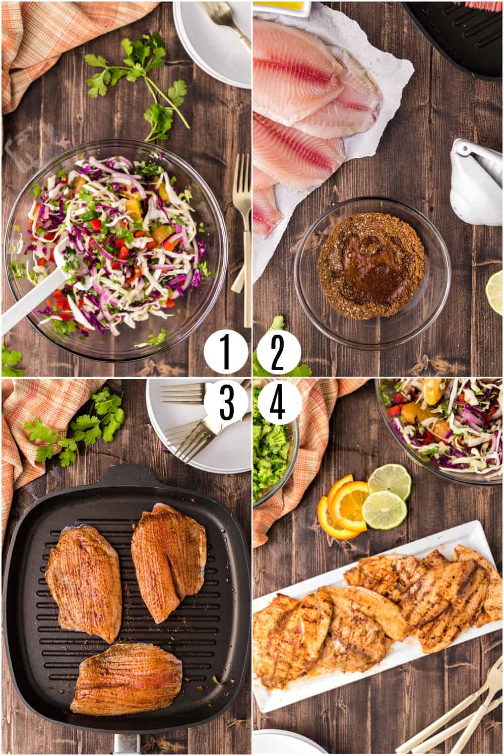 Step by step photos showing how to make grilled tilapia with citrus slaw.