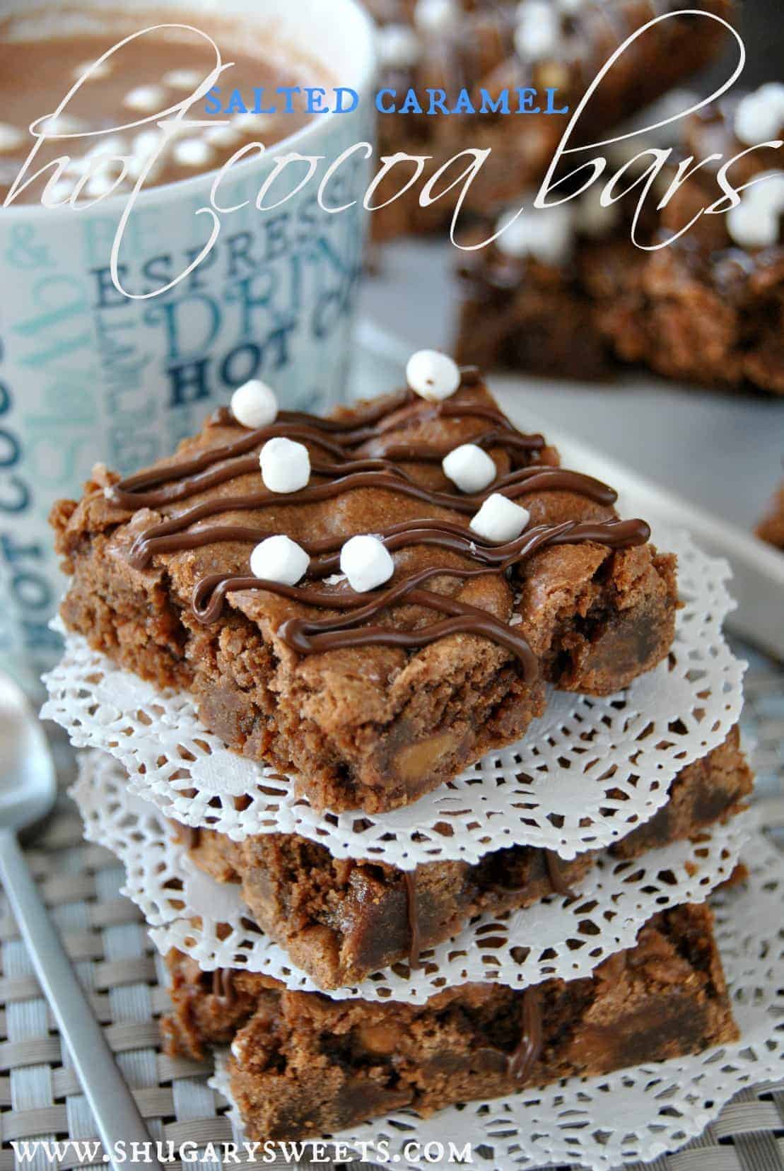 Salted Caramel Hot Cocoa Bars- rich and chewy fudge brownies filled with caramel, chocolate and marshmallows. #saltedcaramel #hotchocolate www.shugarysweets.com