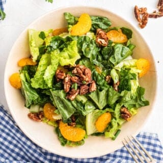 Juicy mandarin oranges add a whole other dimension to your green salad! Toss in some crunchy pecans and a spicy homemade vinaigrette dressing and Mandarin Salad is ready to serve as a side dish. Add your favorite protein to make it a meal!