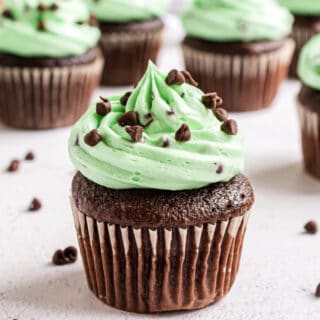 Chocolate cupcake topped with green chocolate mint frosting.