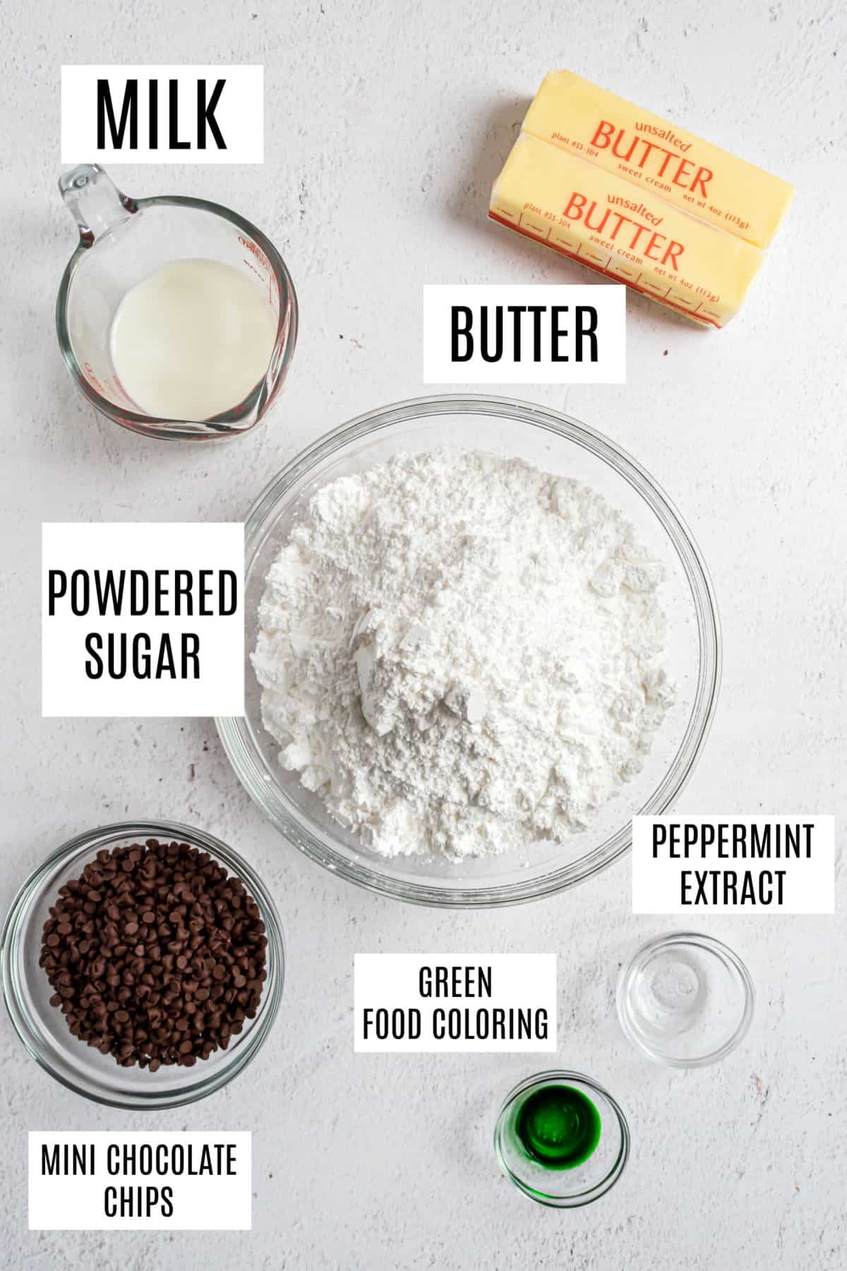 Ingredients needed for mint chocolate chip frosting.