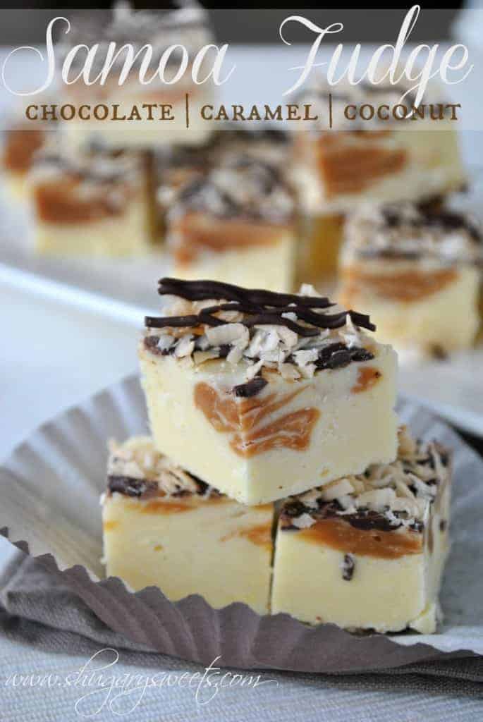 Samoa Fudge- filled with caramel, chocolate and coconut #JELLO #girlscouts @shugarysweets