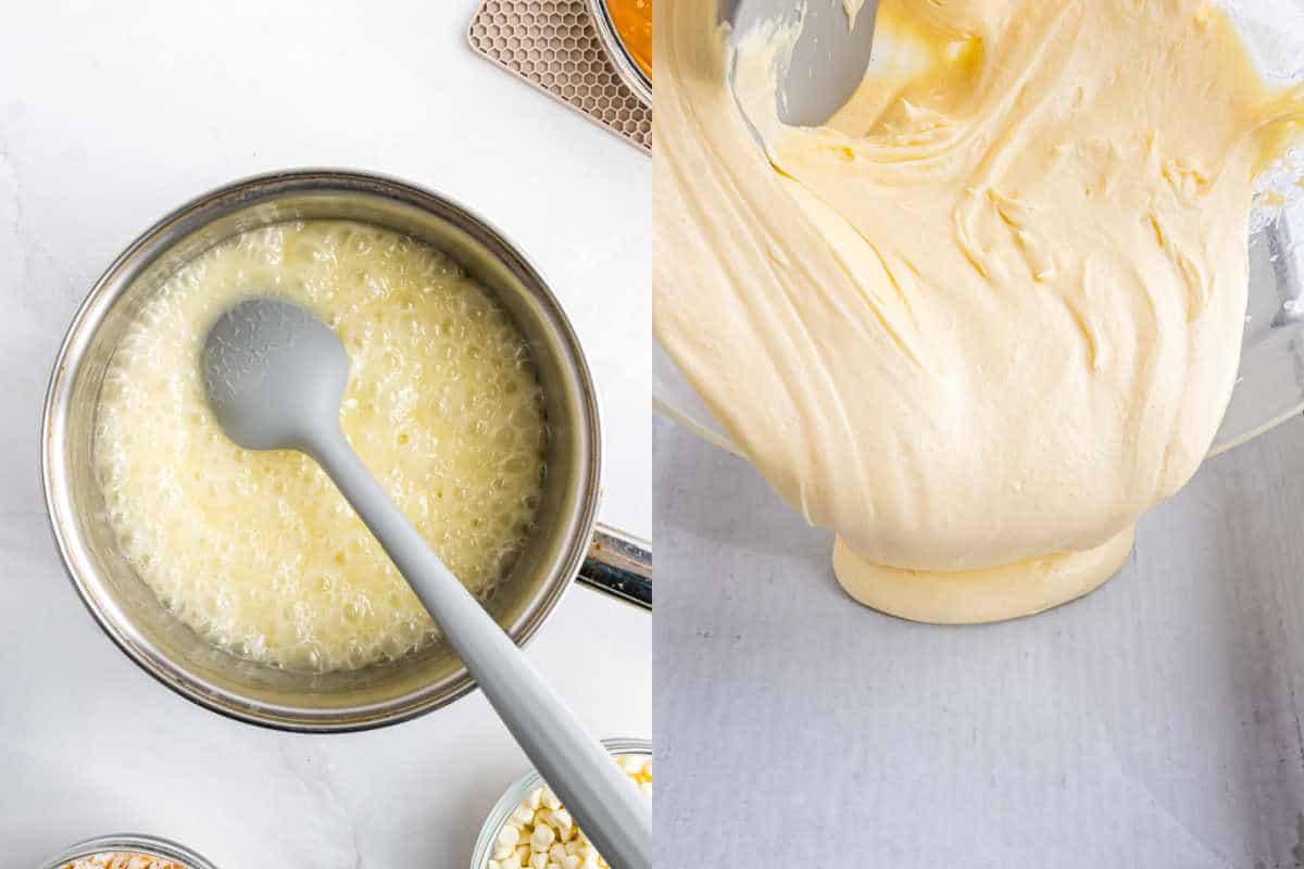 Left: Boiling mixture in a saucepan with spatula. Right: Thick yellow samoa fudge batter being poured onto parchment paper.