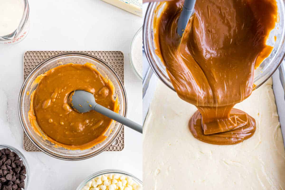 Left: Samoa fudge caramel mixture in a bowl. Right: Caramel being poured onto a white dessert base in a pan.