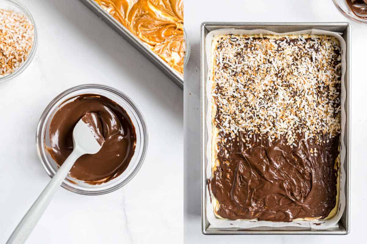 Melted chocolate in a bowl and a tray of samoa fudge dessert topped with toasted coconut and half covered in chocolate.