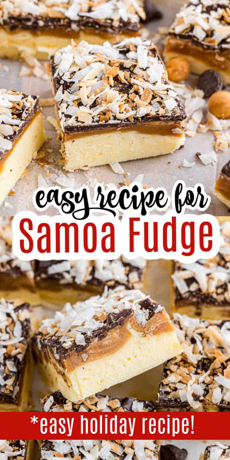 Close-up of rich samoa fudge squares topped with toasted coconut and chocolate, with text promoting an easy holiday fudge recipe.