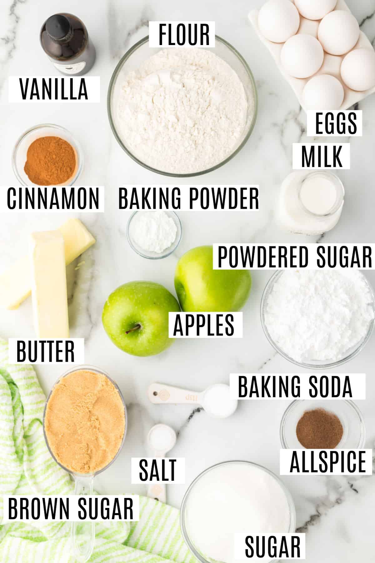 Ingredients needed for apple cake with caramel glaze.