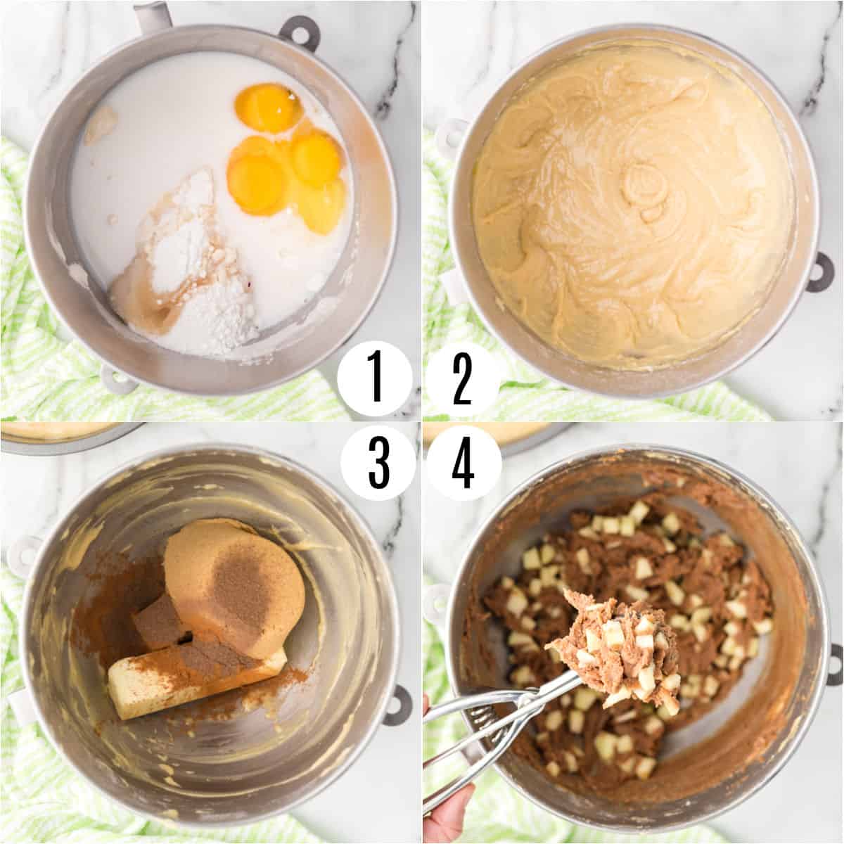 Step by step photos showing how to make apple coffee cake batter.