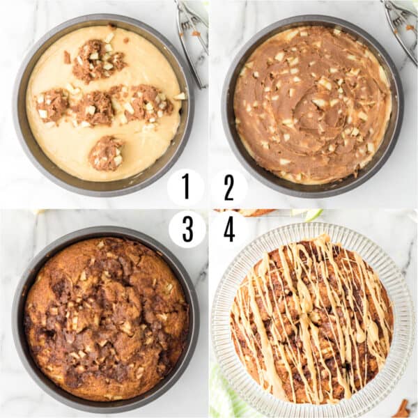 Step by step photos showing how to assemble apple coffee cake with glaze.