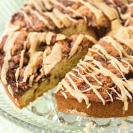 Apple coffee cake with caramel glaze.