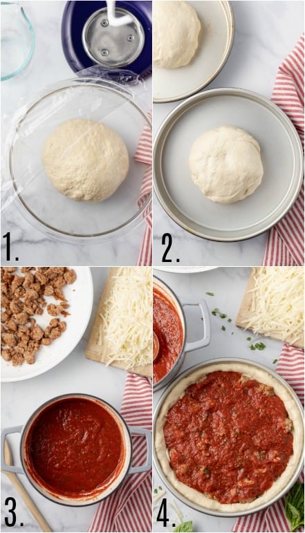 Step by step photos showing how to make deep dish pizza.