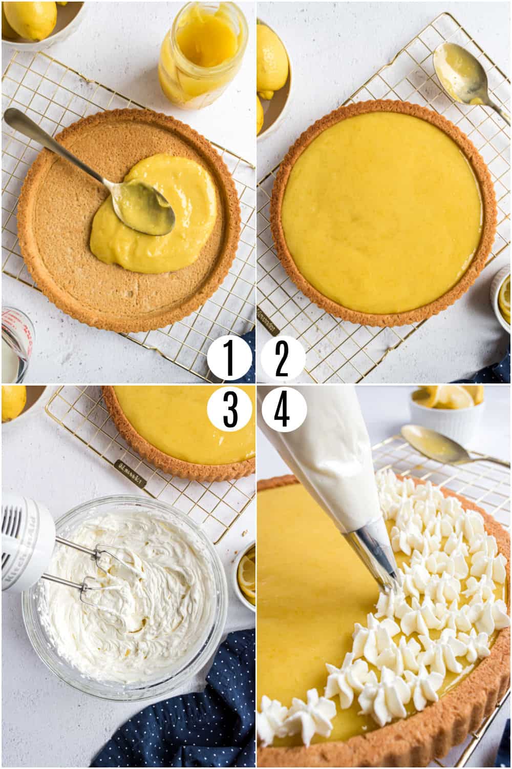 Step by step photos showing how to make lemon tart filling and whipped cream.