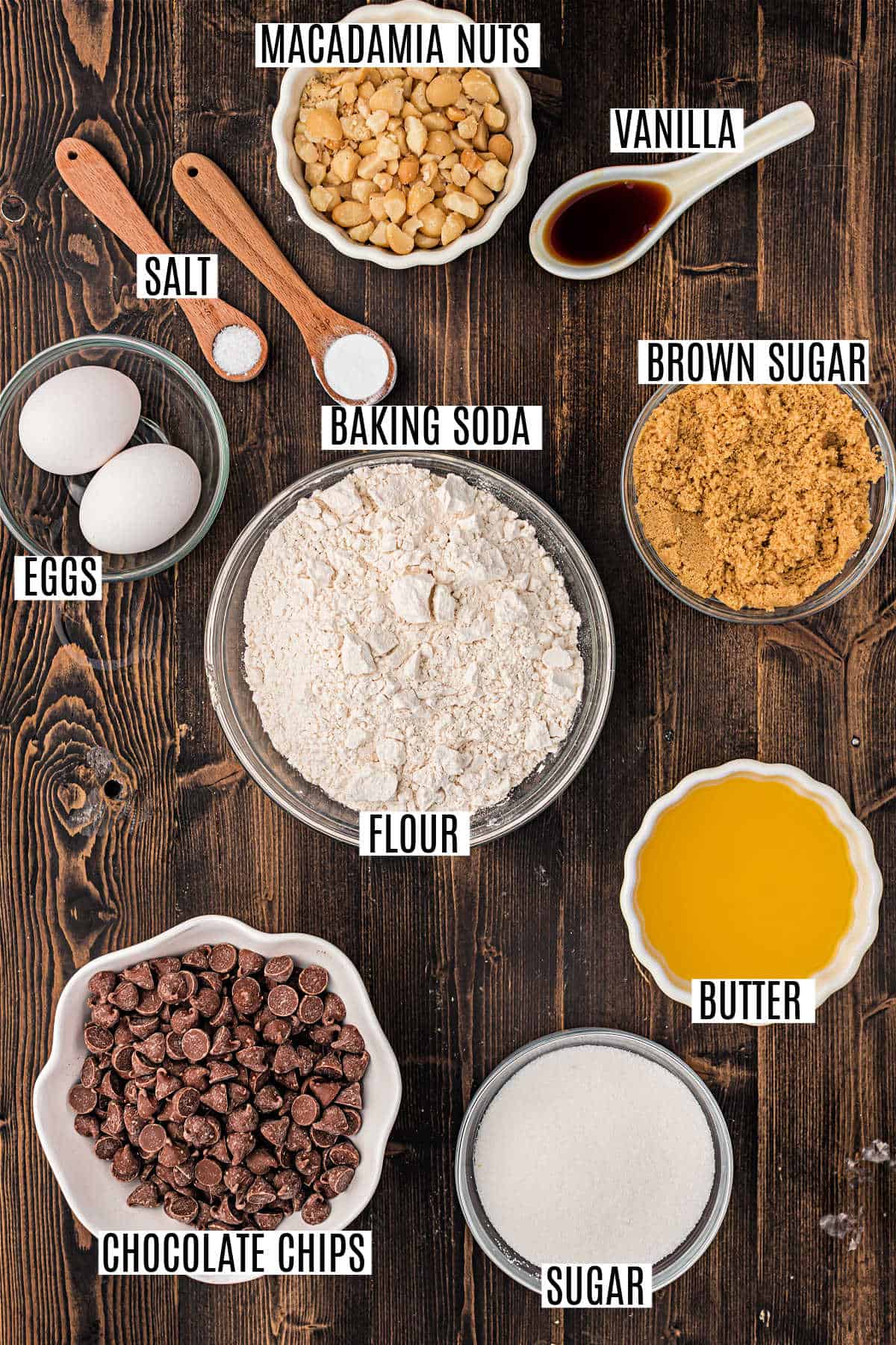 Ingredients needed to make milk chocolate macadamia cookies.