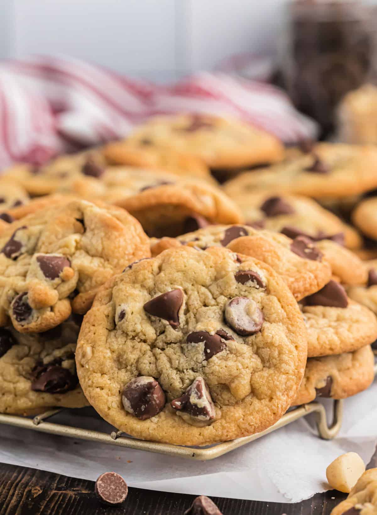 Stack of cookies on a wire cooling rack.