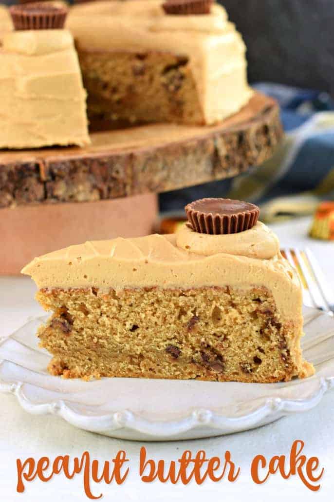 Slice of peanut butter cake with peanut butter frosting on a white plate.